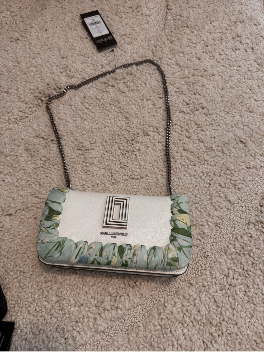 Karl Lagerfeld White Crossbody with Green Botanical Trim and Silver Chain